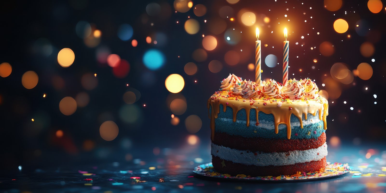 Celebration cake with colorful layers and candles shining in festive atmosphere at a birthday party night